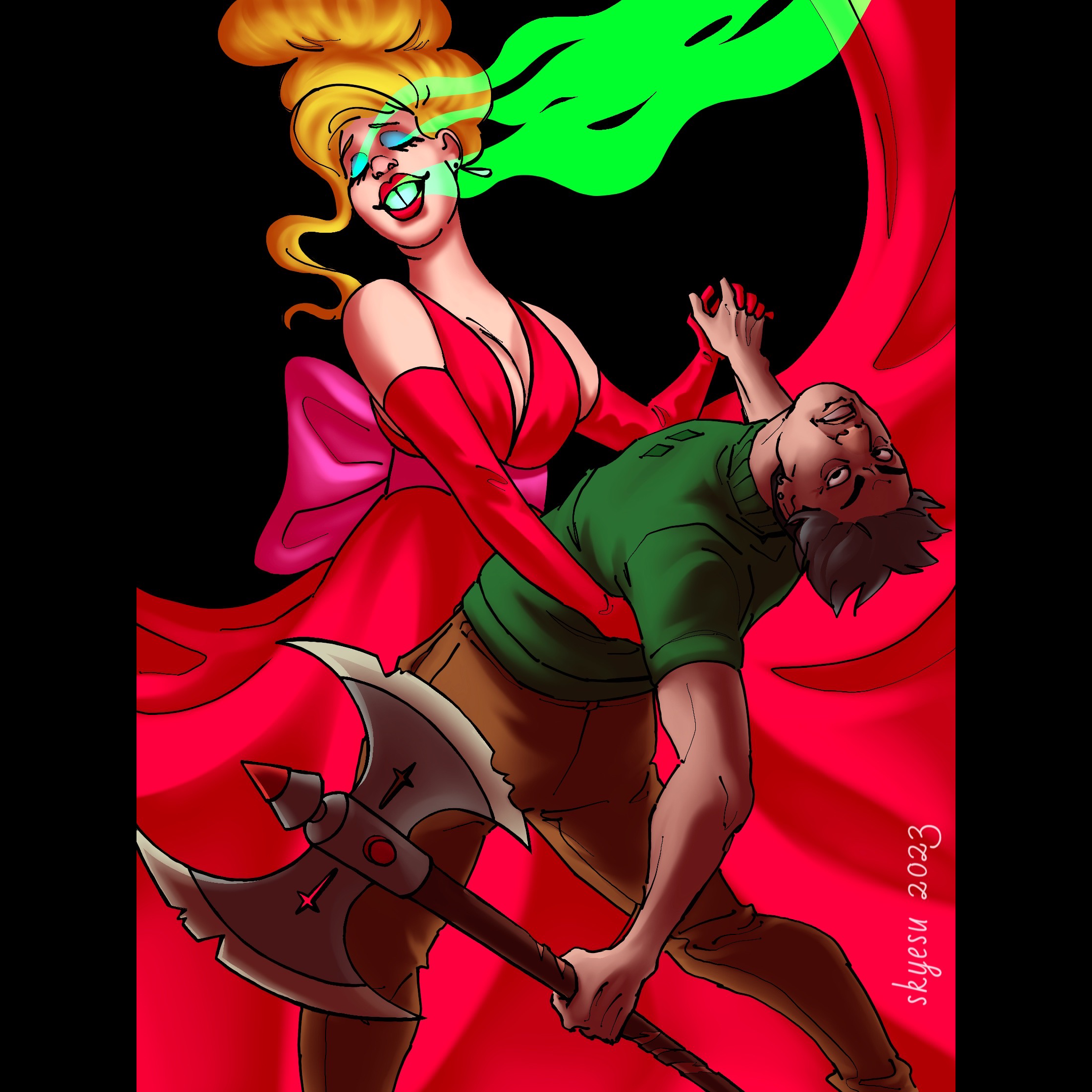 pauline phoenix, a grinning woman in a red dress, and barborah winslow, an angry and frightened woman in a green turtleneck, dancing in front of a black background