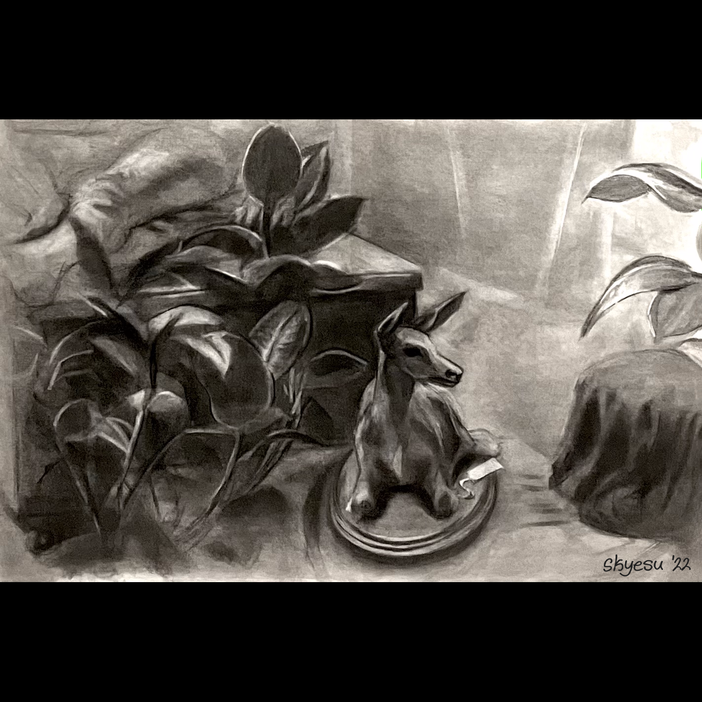 charcoal still life of a taxedermied deer and potted plants