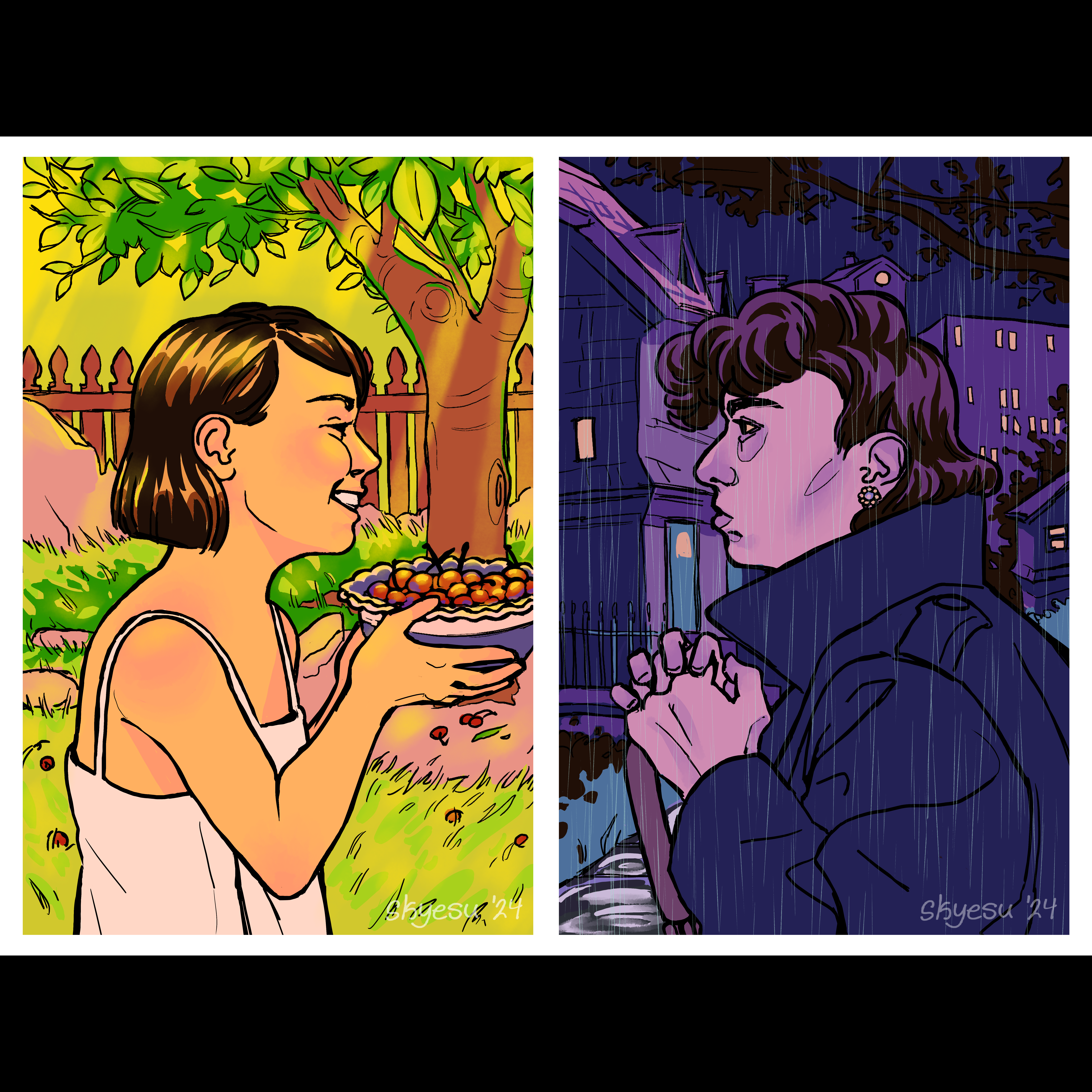 digital diptych with a white border surrounding the halves. on the left is a sunny scene of a child happily holding up a bowl of cherries; on the right is an older person in a trench coat holding the handle of an umbrella in a rainy city street
