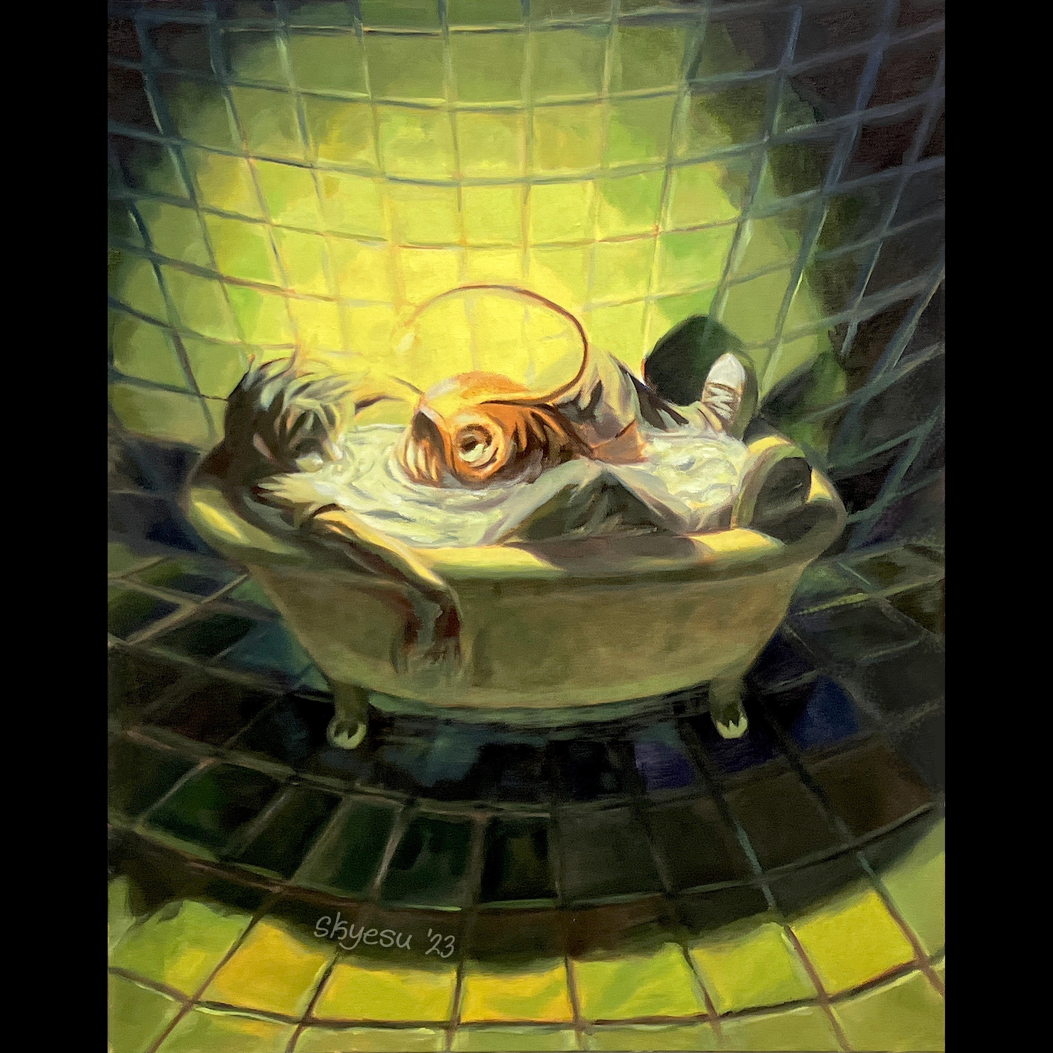 green-tinted oil painting of a dark-lit bathroom. there is a person in a bathtub with a large angler fish in the water with them, the fish's lime-yellow light illuminating the tiles