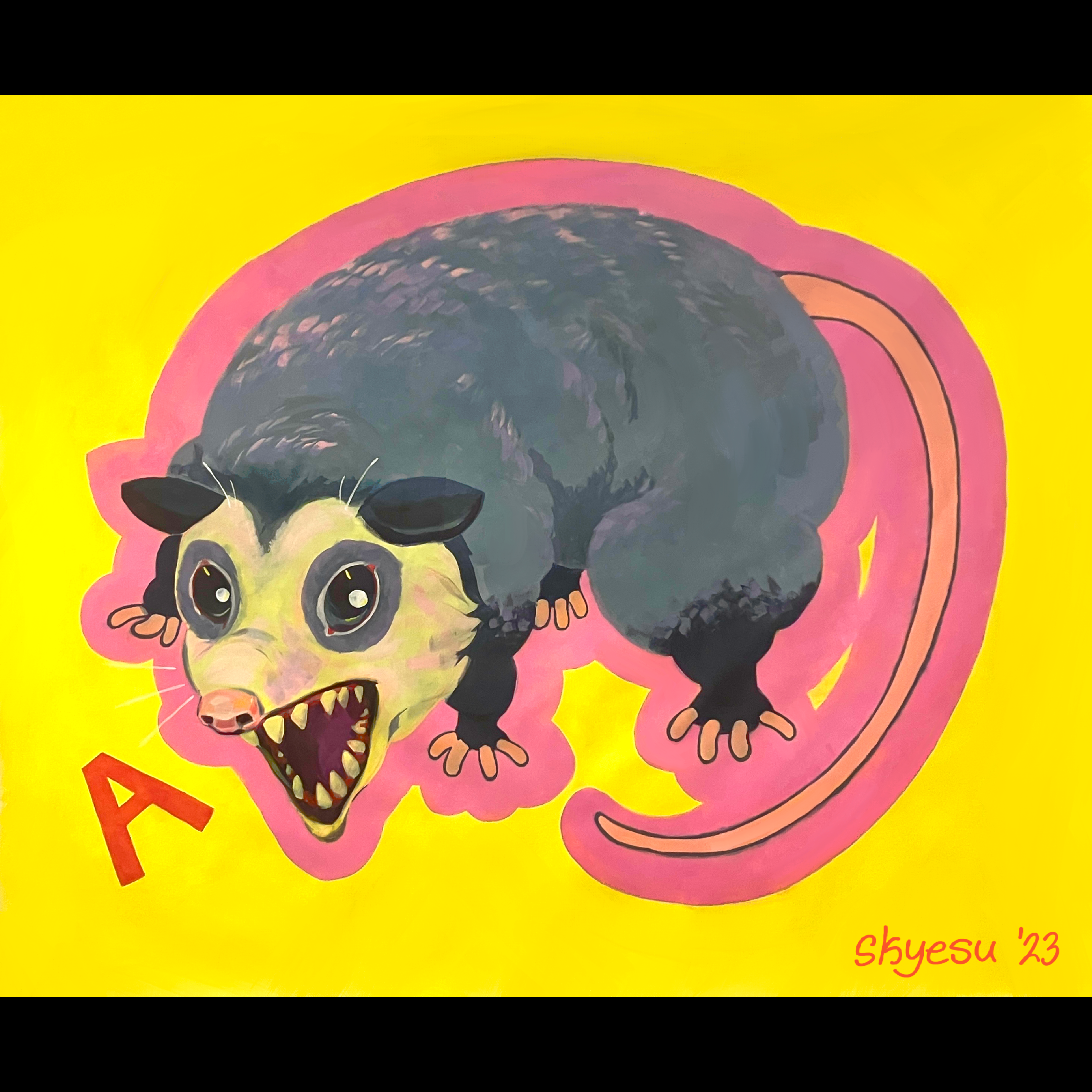 acrylic painting of a yelling possum on a bright yellow background, surrounded by a pink border