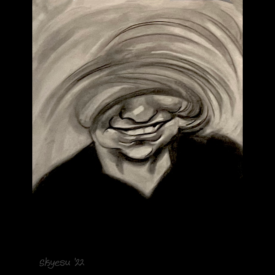 charcoal drawing of a person with a motion swirl covering their eyes